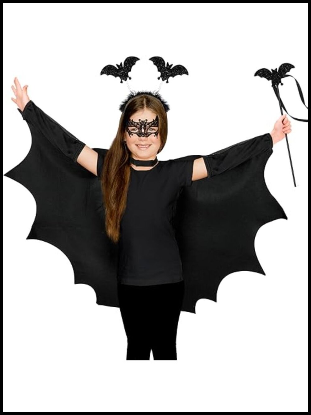 Kids Bat Costume Set Felt Cape Lace Mask Headband Wand Halloween